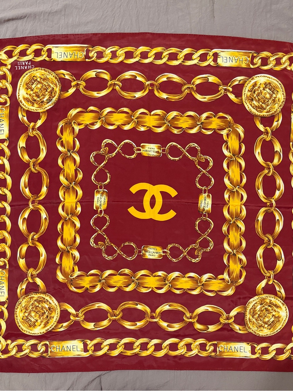 CHANEL Burgundy and Gold Chain Motif Silk Scarf